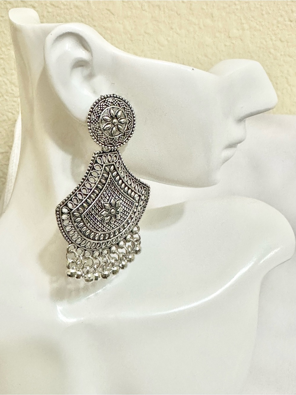 Silver-Tone Filigree Chandbali Dangle Earrings